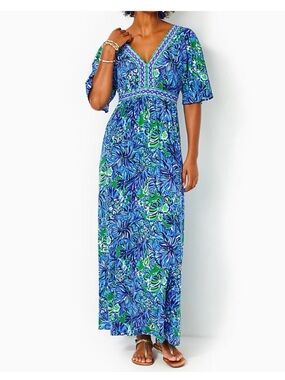 Originally $228 Lilly Pulitzer Addison Elbow Sleeve Abaco Blue Maxi Dress 6
